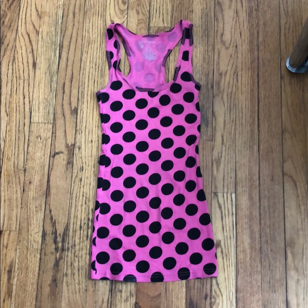Pink and black polkadot tank top